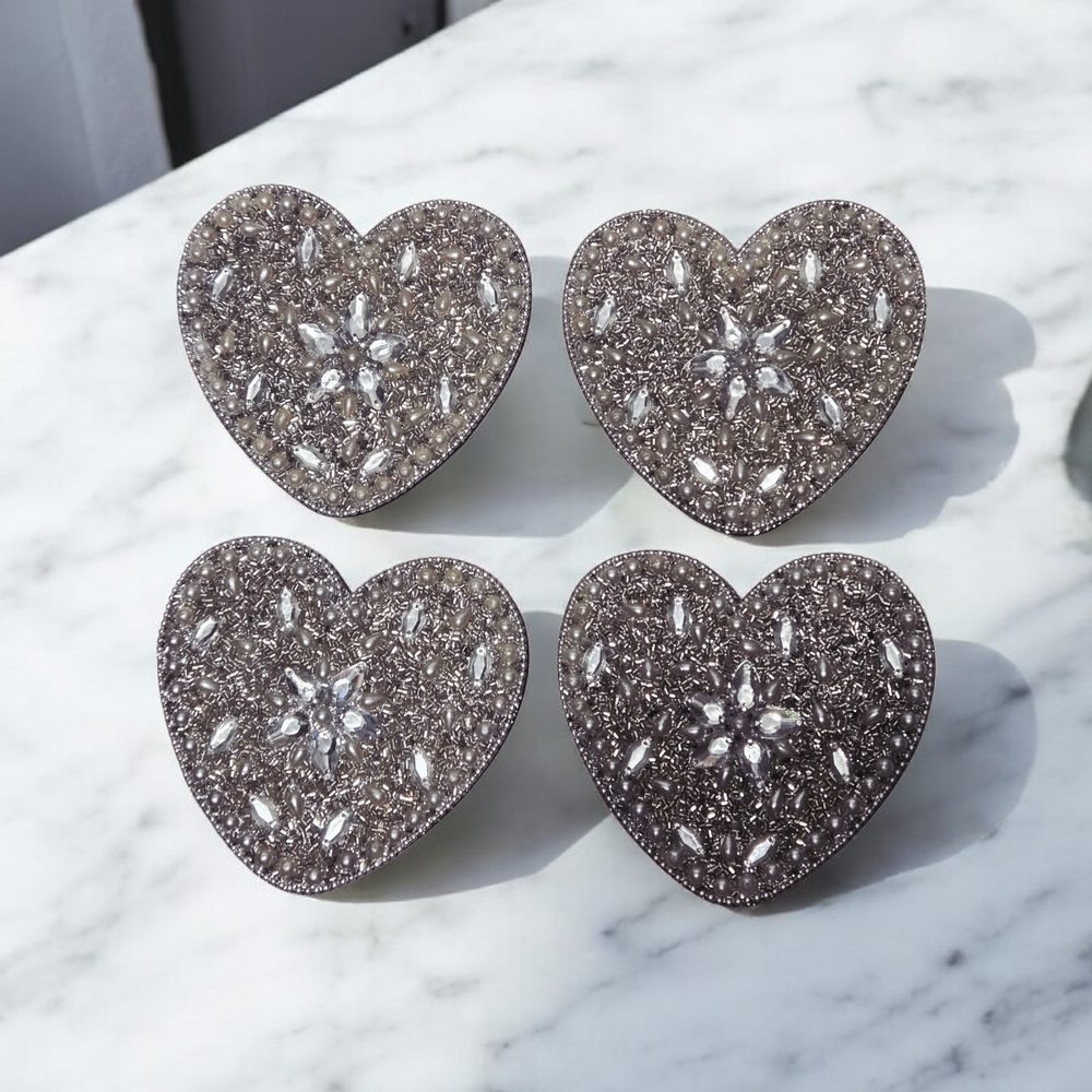 NEW Set Of 4 Elegant Silver Heart With Stones  Coasters NWT Size 4.5 Inches